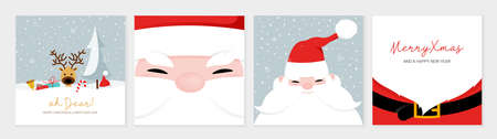 Christmas card set. Merry Christmas and Happy New Year greeting with cute santa claus lettering vectorのイラスト素材