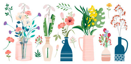 Collection of wild and garden blooming flowers in vases and bottles isolated on white background. Bundle of bouquets. Set of decorative floral design elements. Flat cartoon vector illustrationのイラスト素材