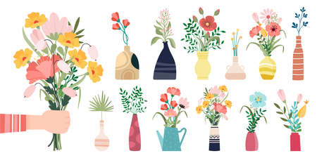 Fresh flowers bouquets. Summer bouquet set isolated, woman flowers gift, tulips and daisies, lilacs and daffodils spring bunches vector illustrationのイラスト素材