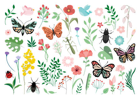 Cute bugs. Child drawing insects, flying butterflies and baby ladybird. Flower butterfly, fly insect and beetle flat vector setのイラスト素材