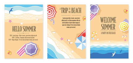 Tropical beach cards with sandy beach and sea waves. Summer flyers with starfish, flip flops and beach umbrellasのイラスト素材