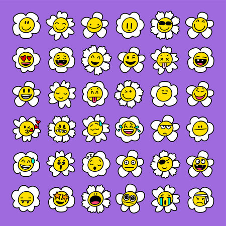Cartoon daisy flowers. Flower retro face, smile happy chamomile characters. Cute kids floral plant emotion. Trendy white petal, spring orange facesのイラスト素材