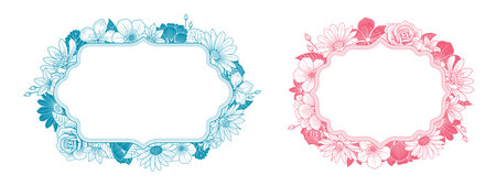 Set of elegant floral logo elements. Borders and dividers, frame corners and branches. Boho Hand drawn line wedding herb, leaves for invitation save the date card. Botanical rustic trendy greeneryのイラスト素材