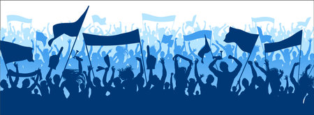 Supporters in blue colors for sports background, flat silhouette design. Male and female fans with hands in the air, holding banners, flags, scarfs and trumpets. Three layered Vector Designのイラスト素材