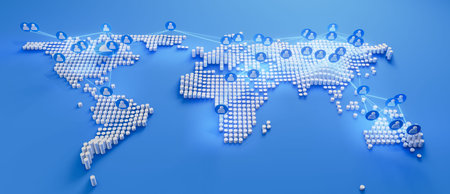 White world map isometric 3D, personified icon with lines connected to social network communication.
