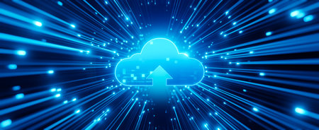 Internet speed lines point towards the hammer which represents the symbol of cloud computing, arrow upload on cloud icon.の写真素材