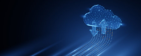 Abstract wireframe cloud with glowing arrows and binary code, symbolizing cloud computing, data...