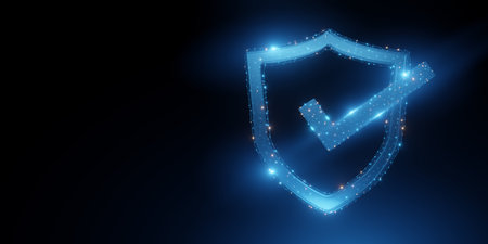 Glowing digital shield with a checkmark representing security, safety, and data protection in a...