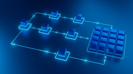 A digital 3D of a futuristic workflow process diagram featuring glowing blue nodes and arrows, representing data flow and business automation.の写真素材