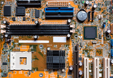 A mainboard ( Main board,cpu motherboard,logic board,system board or mobo board) close up of...