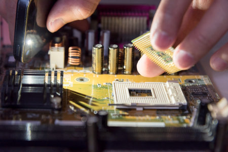 A mainboard ( Main board,cpu motherboard,logic board,system board or mobo board) close up of...