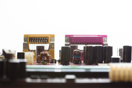 Close up of Electronic Circuits in Technology on   Mainboard background (Main board,cpu motherboard,logic board,system board or mobo)の写真素材
