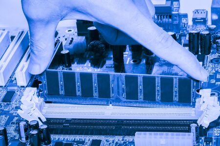 Close up of Electronic Circuits in Technology on Mainboard computer background  (logic board,cpu motherboard,Main board,system board,mobo)の写真素材