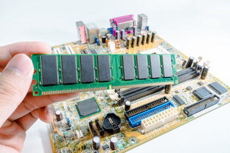 Close up of Electronic Ram(random access memory) on Mainboard computer