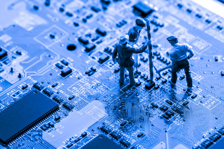 close up of Bitcoin money mining on graphic card,we see the technology of the mainboard,which is the...