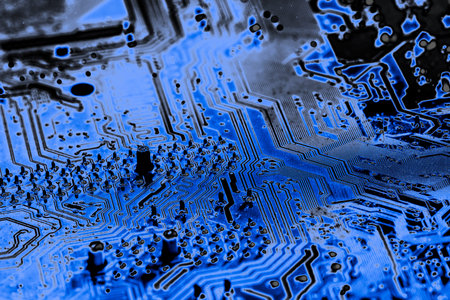 Abstract, Close up at electronic circuits, we see the technology of the mainboard, which is the...