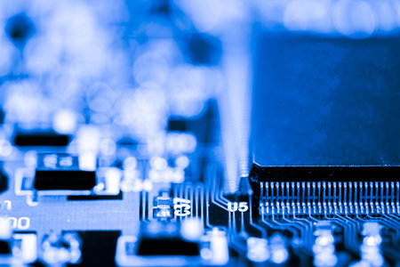 Abstract, Close up at electronic circuits, we see the technology of the mainboard, which is the important background of the computer. (logic board,cpu motherboard,Main board,system board,mobo)の写真素材
