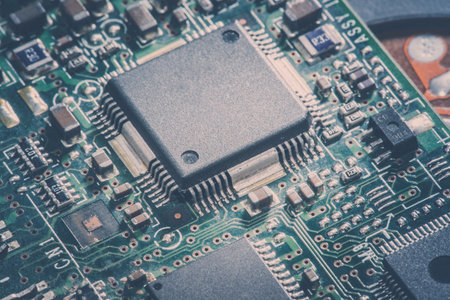 Abstract, Close up at electronic circuits, we see the technology of the mainboard, which is the...