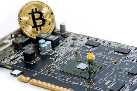 Golden Bitcoin money on computer.の写真素材