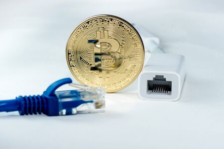 close up of Bitcoin money mining connect Internet Networkの写真素材