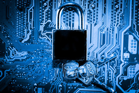 Abstract,close up of Lock on Mainboard Electronic computer background. (best internet top security)