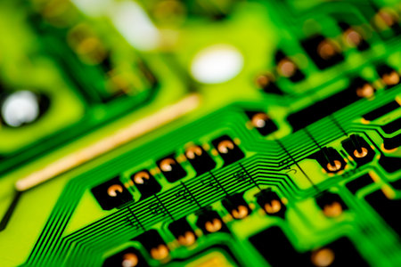 Abstract, Close up at electronic circuits, we see the technology of the mainboard, which is the...