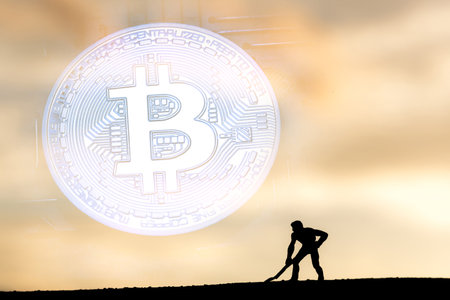 close up of Bitcoin money mining connect Internet Networkの写真素材