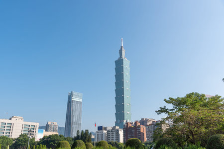 tourist attractions in the city park of taiwan, Asia business concept image, panoramic modern...