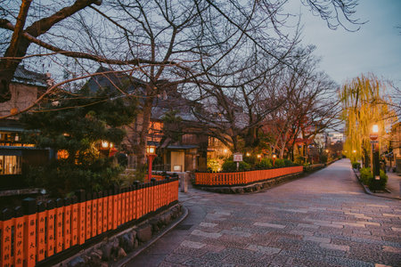 Gion,The district was built to accommodate the needs of travellers and visitors to the shrine.It eventually evolved to become one of the most exclusive and well-known geisha distriのeditorial素材