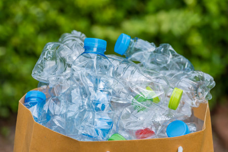 Plastic bottles waiting to be taken to recycle.の写真素材