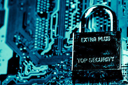 Abstract, Close up at electronic circuits, we see the technology of the mainboard, which is the...