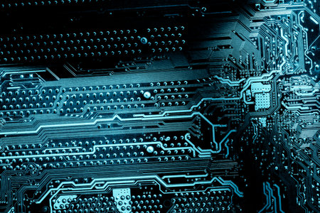 Abstract, Close up at electronic circuits, we see the technology of the mainboard, which is the...