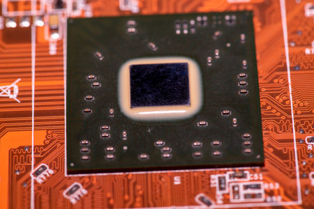 Abstract, Close up at electronic circuits, we see the technology of the mainboard, which is the...