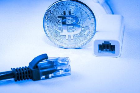 close up of Bitcoin money mining connect Internet Network