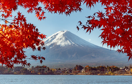 Mount Fuji, the iconic symbol of Japan, during the season of autumn foliage, a period of exceptional beauty.の写真素材