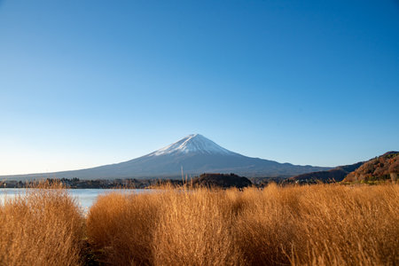 Mount Fuji, the iconic symbol of Japan, during the season of autumn foliage, a period of exceptional beauty.kawaguchiko,japan.の写真素材
