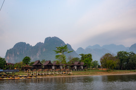 The most beautiful Viewpoint over song river in Vang Vieng,Laosの写真素材
