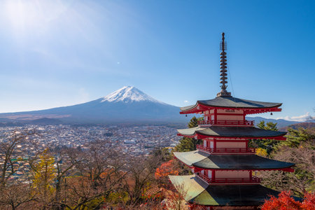 Mount Fuji, the iconic symbol of Japan, during the season of autumn foliage, a period of exceptional beauty.kawaguchiko,japan.の写真素材