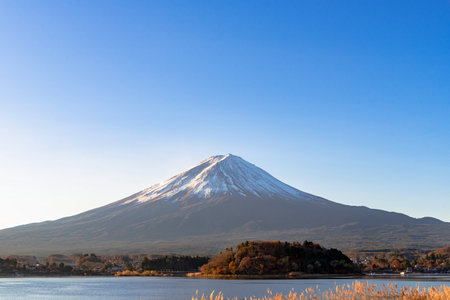 Mount Fuji, the iconic symbol of Japan, during the season of autumn foliage, a period of exceptional beauty.kawaguchiko,japan.の写真素材