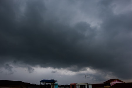 Dark sky with stormy clouds. Dramatic sky rain,Dark clouds before a thunder-storm,clouds before rainの写真素材