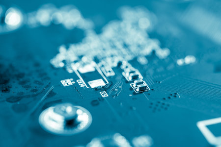 Abstract, Close up at electronic circuits, we see the technology of the mainboard, which is the...