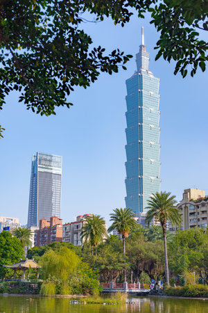 tourist attractions in the city park of taiwan, Asia business concept image, panoramic modern...