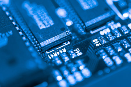 Abstract, Close up at electronic circuits, we see the technology of the mainboard, which is the...