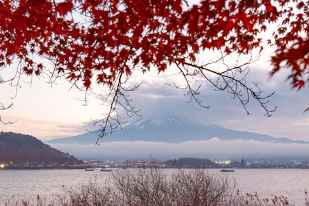Mount Fuji, the iconic symbol of Japan, during the season of autumn foliage, a period of exceptional beauty.kawaguchiko,japan.の写真素材