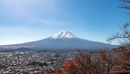 Mount Fuji, the iconic symbol of Japan, during the season of autumn foliage, a period of exceptional beauty.kawaguchiko,japan.の写真素材