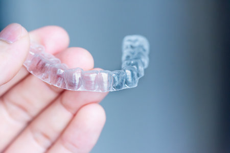 clear aligners device in the mouth on a white background.の写真素材