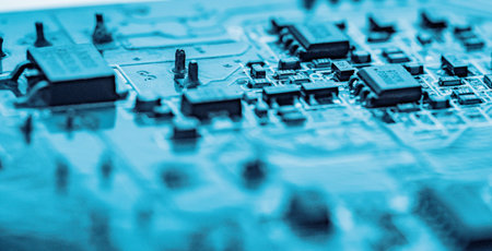 Abstract, Close up at electronic circuits, we see the technology of the mainboard, which is the...