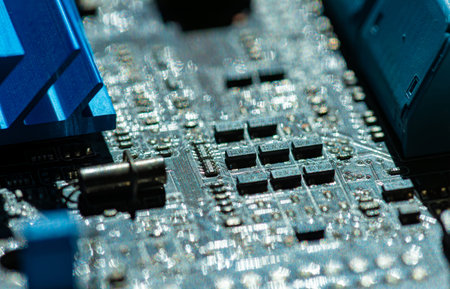 Electronic circuit board close up. Electronic computer hardware technology. Motherboard digital...