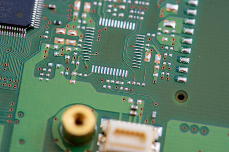 Electronic circuit board close up. Electronic computer hardware technology. Motherboard digital chip.の写真素材