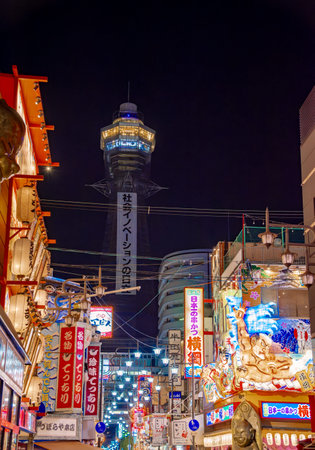 Shinsekai the renowned culinary district of Osaka, offers a high-rise view from the Tsutenkaku Tower,Shinsekai(New World) is an old neighbourhood located next to south Osaka City'sの写真素材